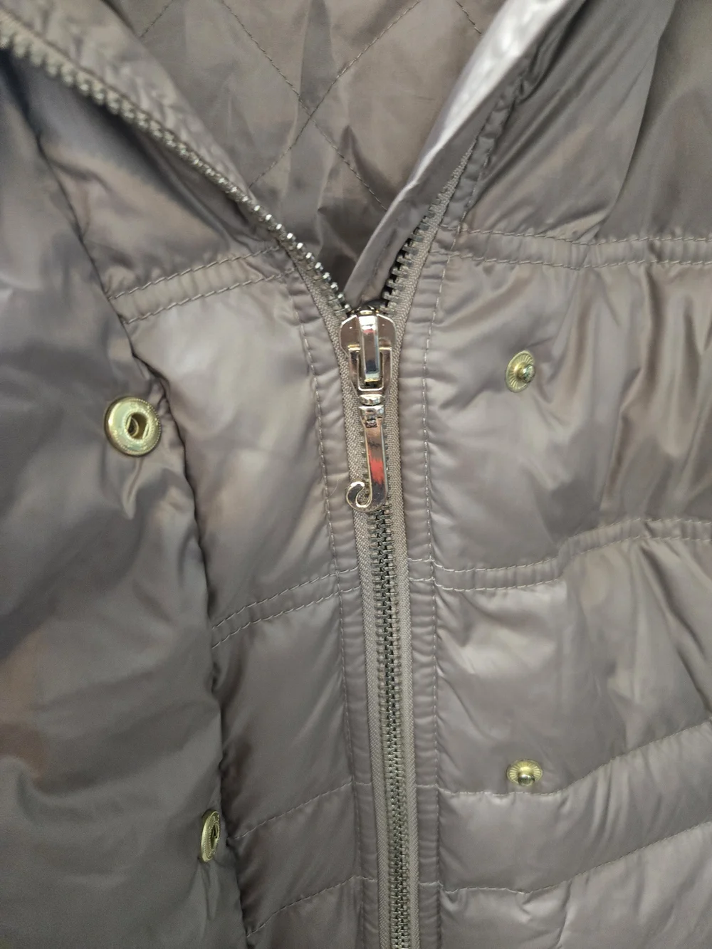 Juicy Couture Women's Taupe Puffer Coat with Faux Fur Trim